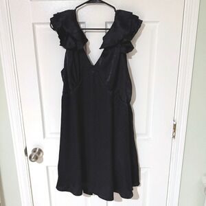 Arula Black Satin Ruffle Sleeve V-Neck Bow Back Mini Dress Size B DMDW1252APPL